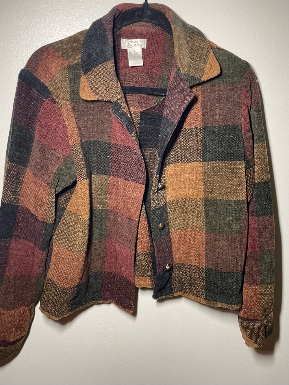 Christopher & Banks Plaid Knit Cardigan Jacket in Rust, Olive, Navy & Tan